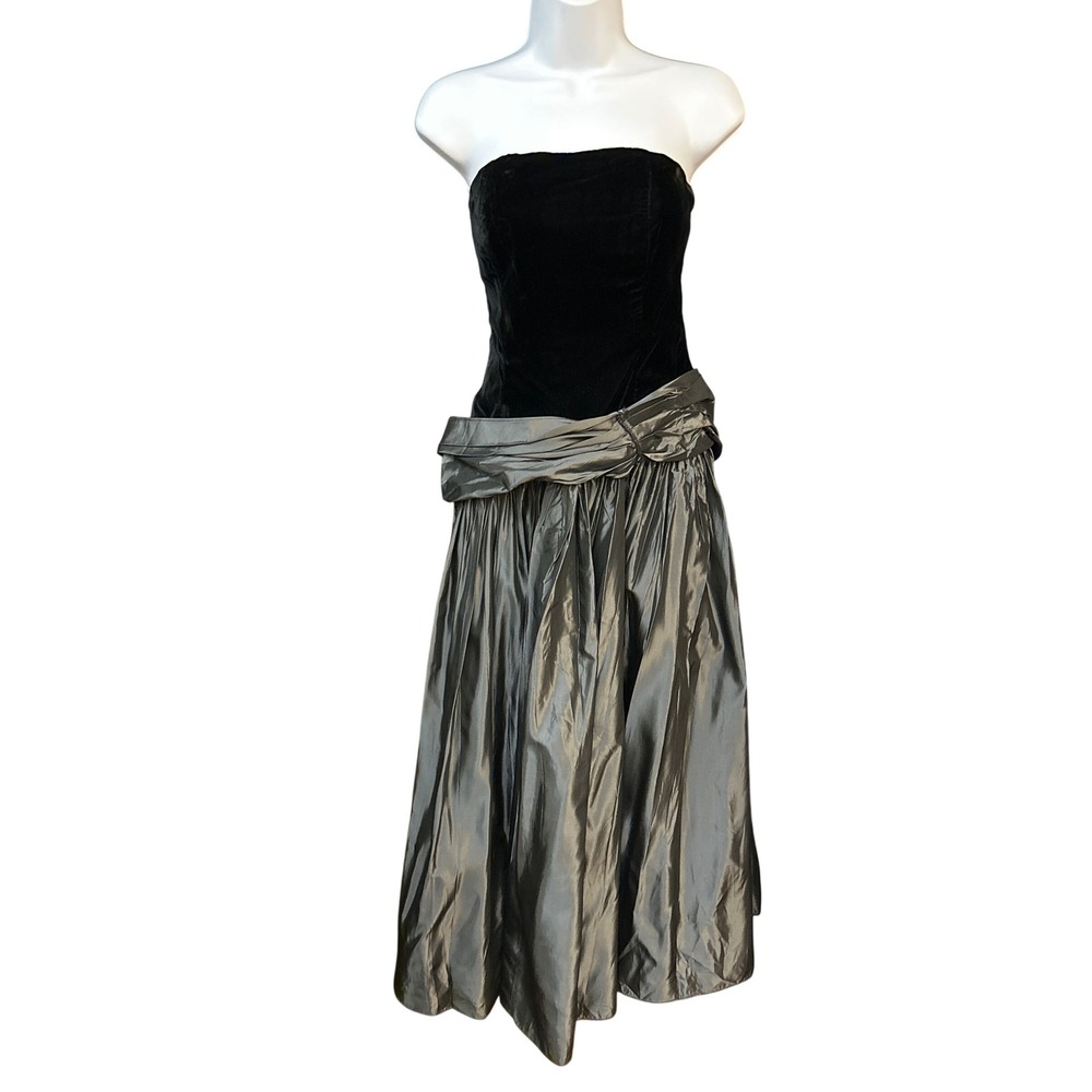 80s Patty O'Neil Strapless Dress Gothic Glam Dark Romance Metallic Black Tie